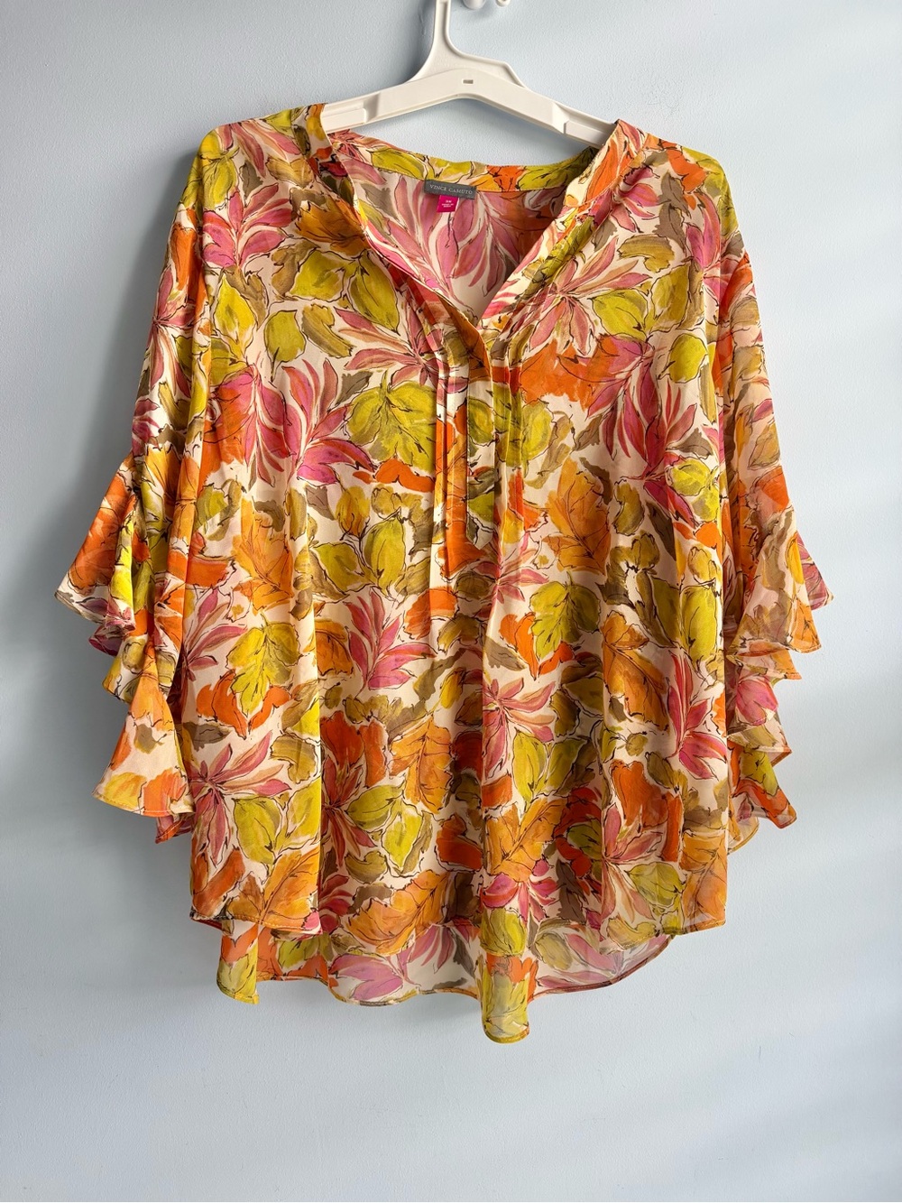 Vince Camuto Multicolor Floral-Print Ruffled-Sleeve Split-Neck Blouse Size 3X